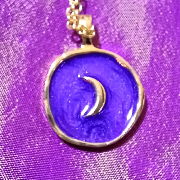 Oil drop blue crescent moon necklace gold pendant charm handmade jewelry - Picture 5 of 5
